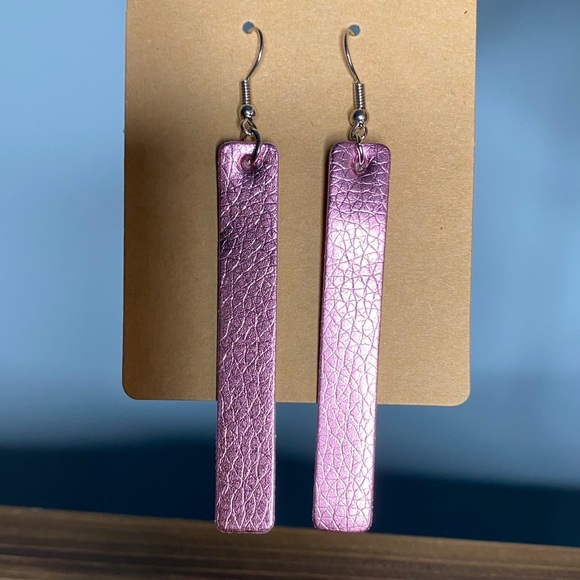Metallic Faux Leather Vinyl Pink Rectangle Earring - Picture 3 of 5